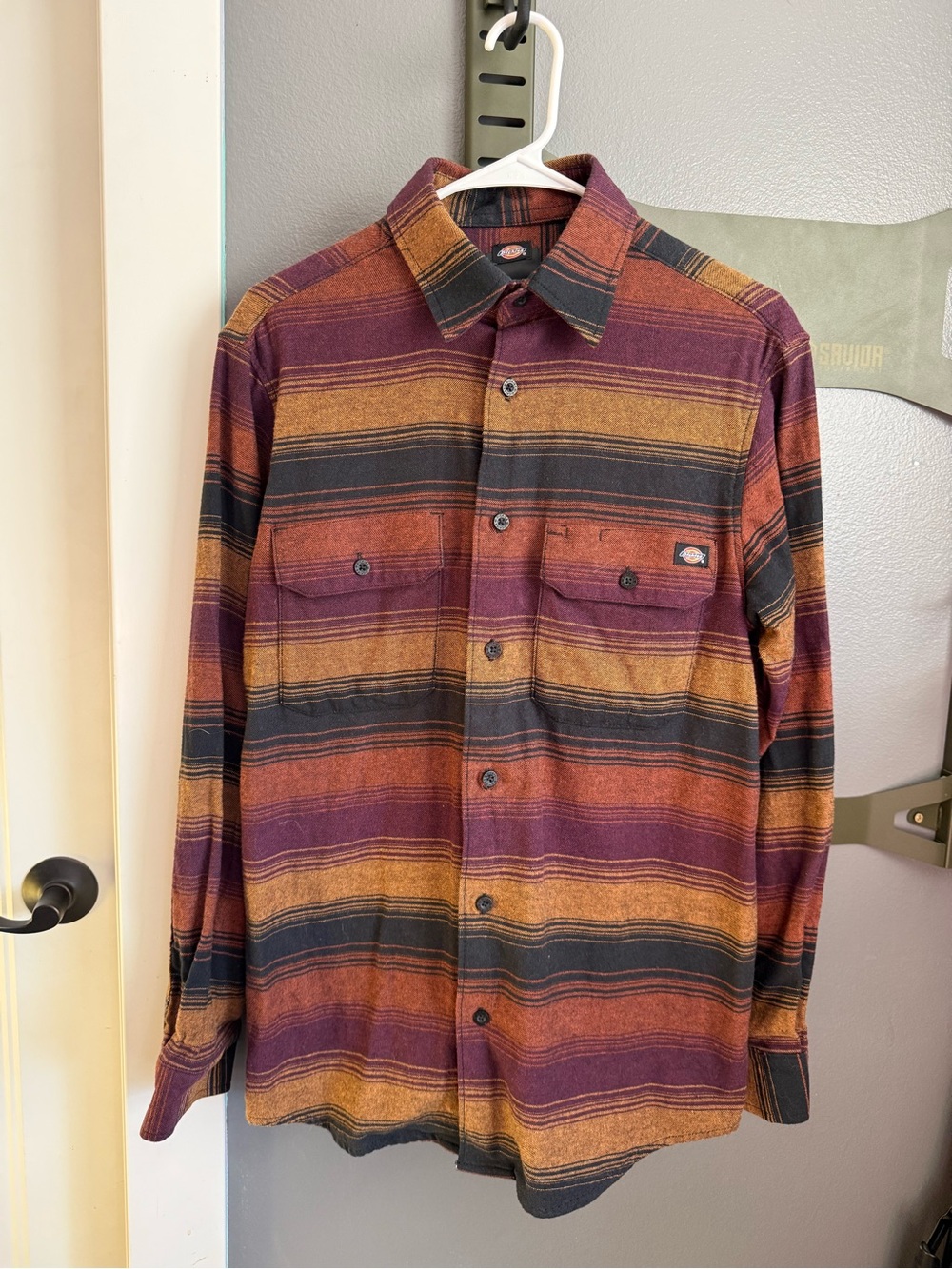 Dickies Men's Long-Sleeve Button-Down Shirt — Burgundy, Orange, Black Stripes